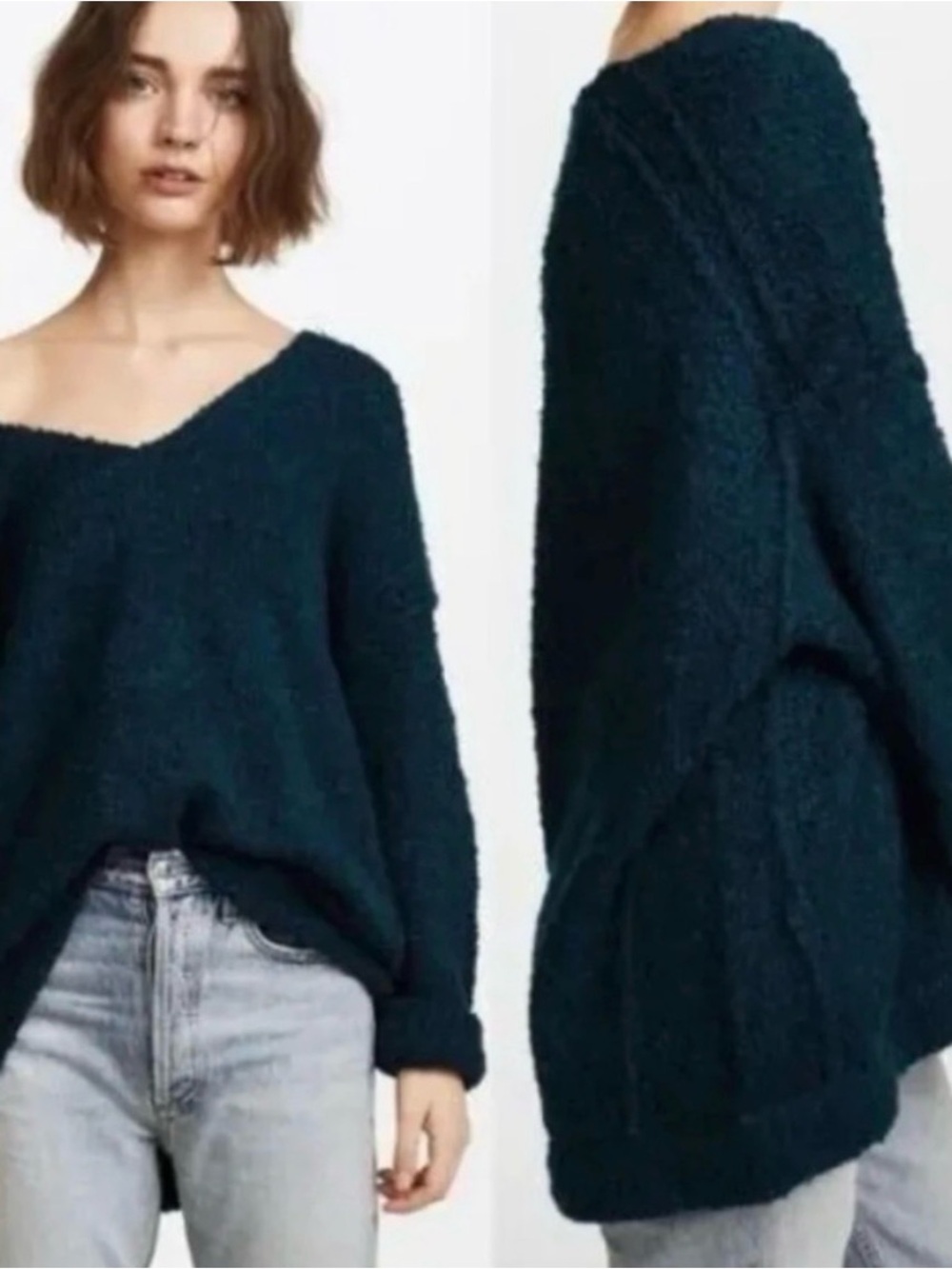 Free People Textured V-Neck Sweater in Deep Teal